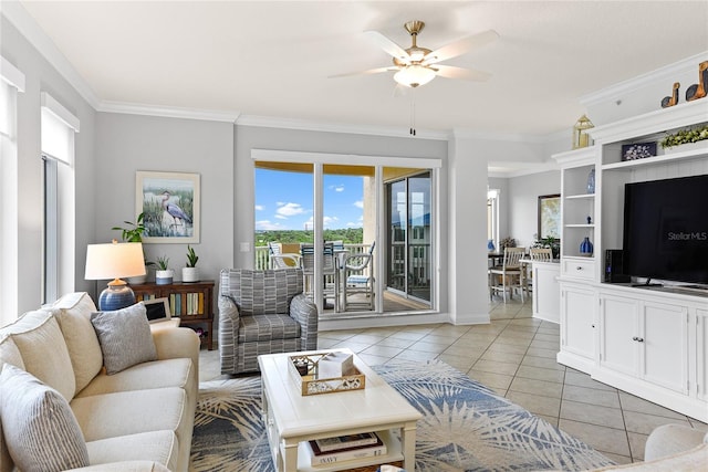 tiled living room featuring crown molding and ceiling fan