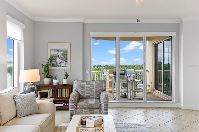 living room featuring light tile patterned flooring and crown molding