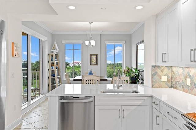 kitchen featuring white cabinetry, dishwasher, sink, ornamental molding, and kitchen peninsula