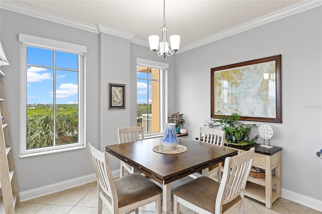 tiled dining room with crown molding, a healthy amount of sunlight, and a chandelier