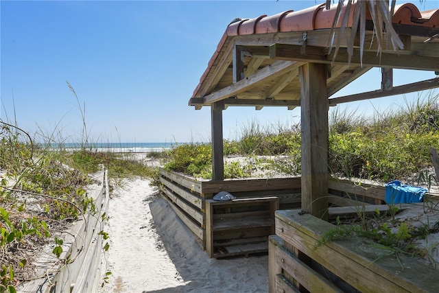 view of property's community featuring a water view and a view of the beach