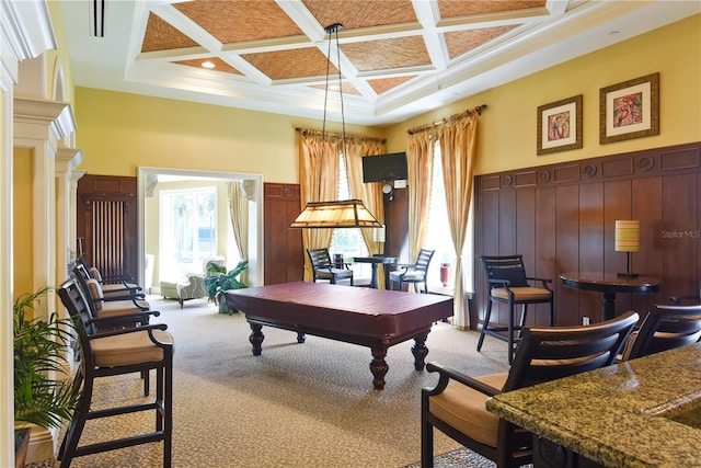 game room with coffered ceiling, a towering ceiling, light colored carpet, and billiards