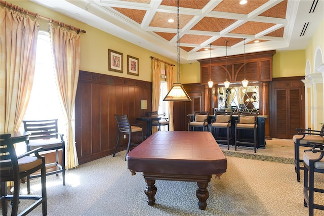 rec room featuring coffered ceiling, billiards, light colored carpet, and a high ceiling