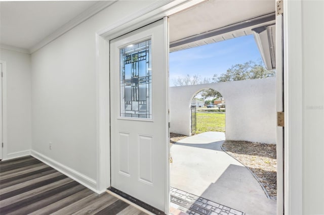 entryway featuring crown molding, dark wood-type flooring, a wealth of natural light, and baseboards