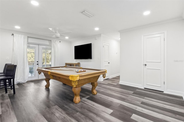 game room with recessed lighting, wood finished floors, baseboards, ornamental molding, and french doors