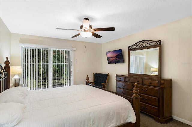 carpeted bedroom with ceiling fan and access to exterior