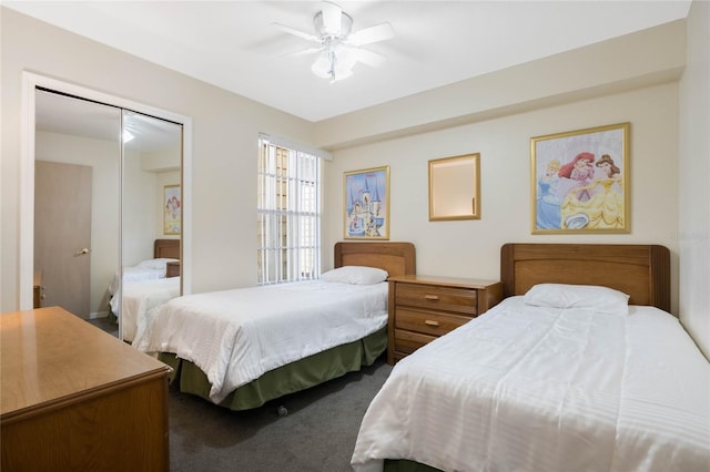 bedroom featuring ceiling fan, carpet, and a closet