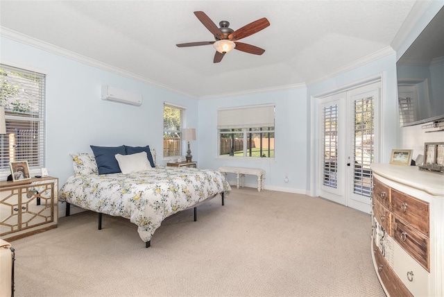 bedroom featuring access to exterior, ceiling fan, light carpet, a wall unit AC, and french doors