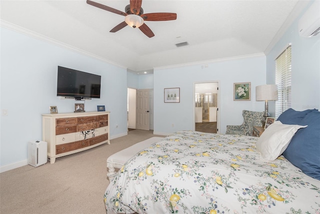 bedroom featuring ensuite bathroom, crown molding, a wall mounted air conditioner, carpet flooring, and ceiling fan