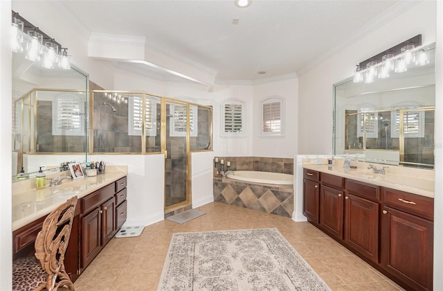 bathroom with ornamental molding, tile patterned floors, and shower with separate bathtub