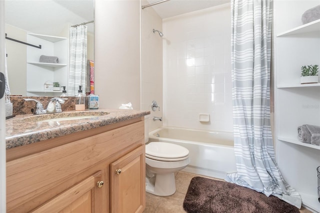 full bathroom featuring shower / bath combination with curtain, vanity, toilet, and tile patterned flooring