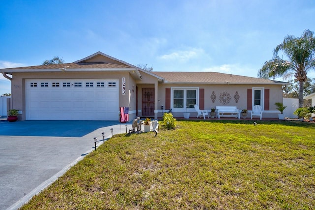 ranch-style home with a garage and a front lawn