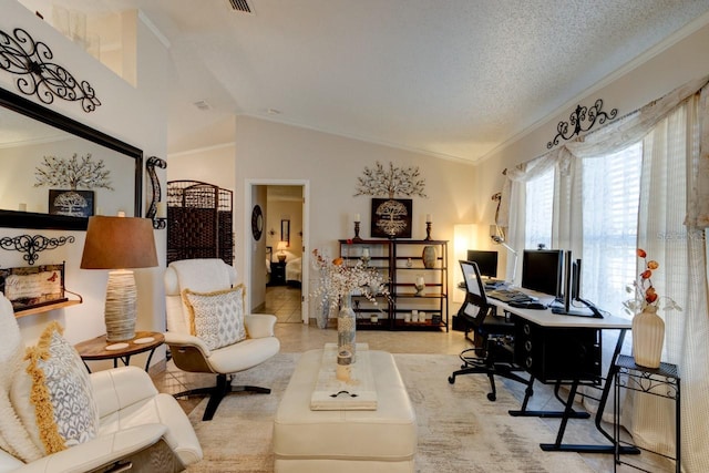 office featuring crown molding, vaulted ceiling, light tile patterned floors, and a textured ceiling