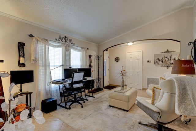 office area with crown molding, lofted ceiling, a textured ceiling, and light tile patterned floors