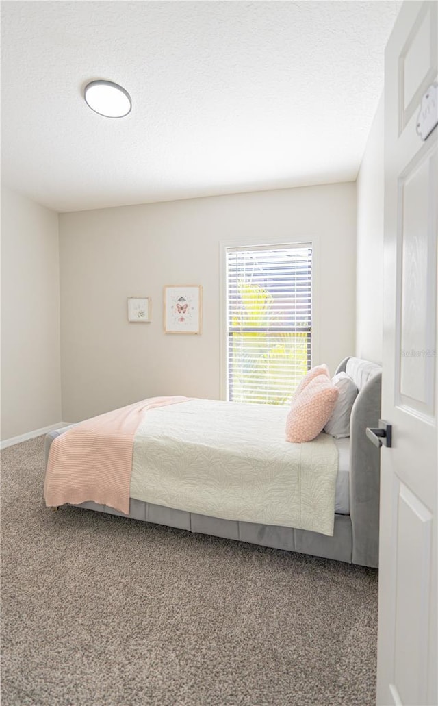 bedroom featuring carpet floors and a textured ceiling