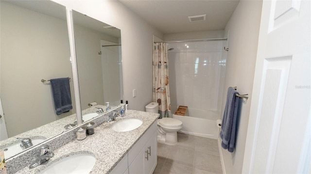 full bathroom with shower / bath combination with curtain, tile patterned floors, toilet, and vanity