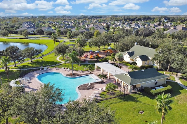 aerial view featuring a water view