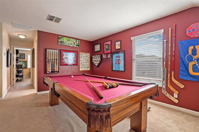 recreation room featuring light carpet, a textured ceiling, and billiards