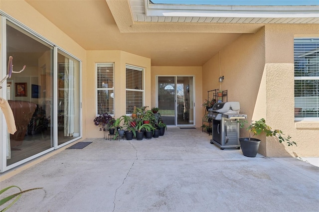 view of exterior entry featuring a patio