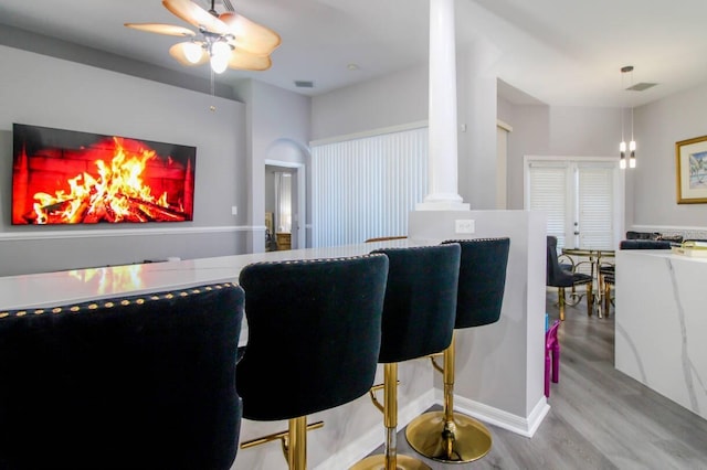 cinema featuring a fireplace, ceiling fan, and light hardwood / wood-style flooring