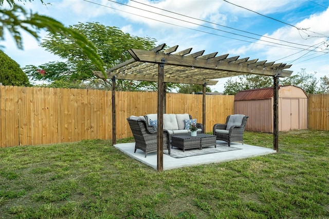 view of yard with a patio, a pergola, an outdoor hangout area, and a shed