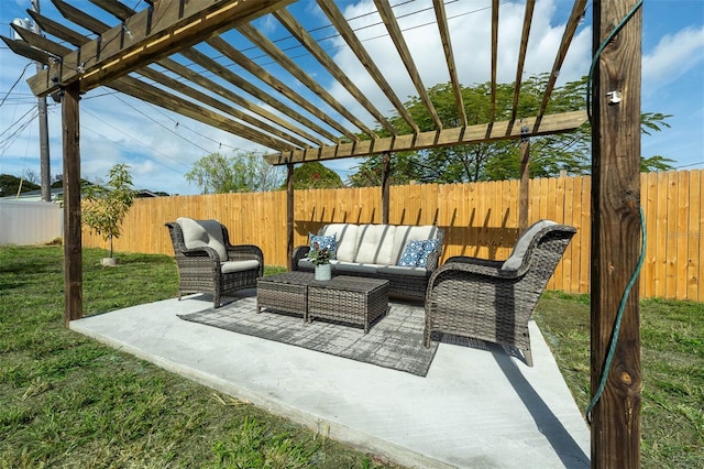 view of patio featuring outdoor lounge area and a pergola