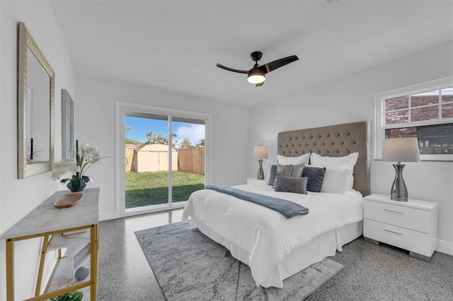 bedroom featuring access to exterior and ceiling fan