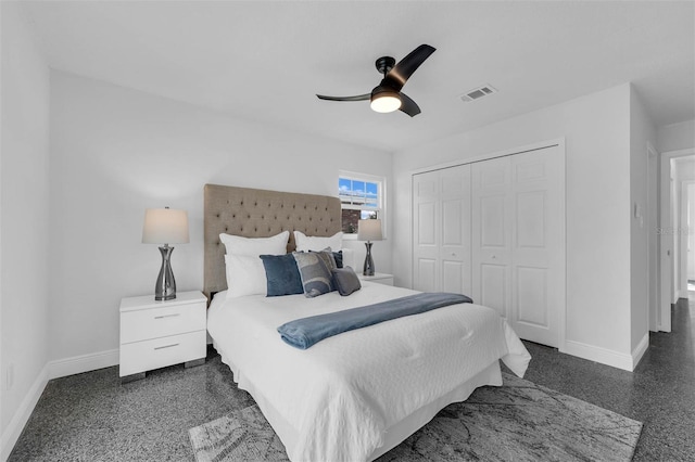 bedroom with ceiling fan and a closet