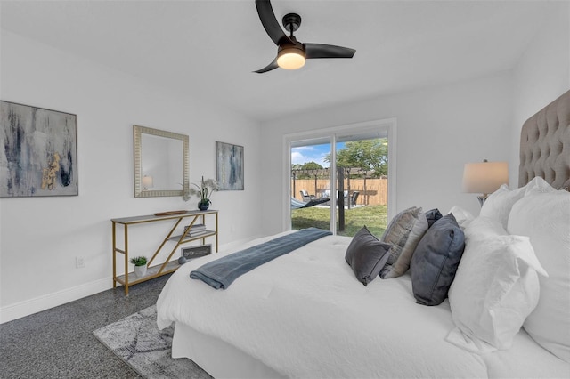 bedroom with ceiling fan, carpet, and access to outside