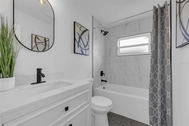 full bathroom featuring toilet, vanity, and shower / bathtub combination with curtain