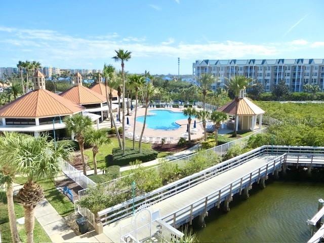 drone / aerial view featuring a water view