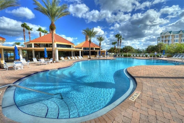 view of pool featuring a gazebo and a patio area