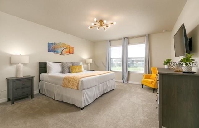 bedroom with light colored carpet