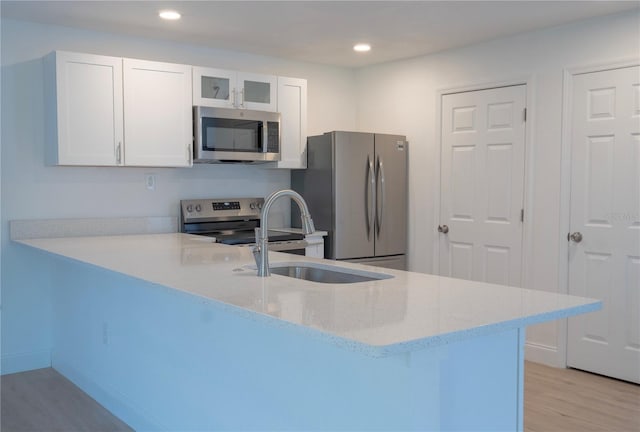 kitchen featuring glass insert cabinets, light stone countertops, a peninsula, stainless steel appliances, and white cabinetry