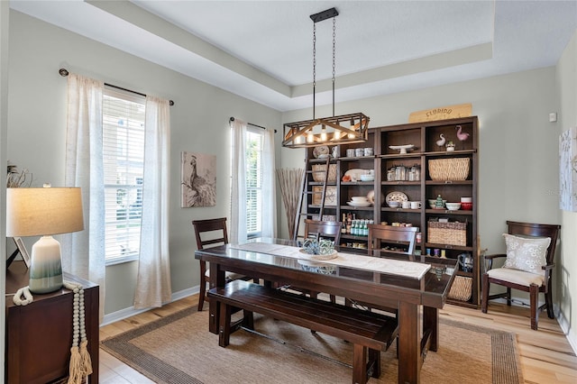 dining space featuring light hardwood / wood-style flooring and a raised ceiling