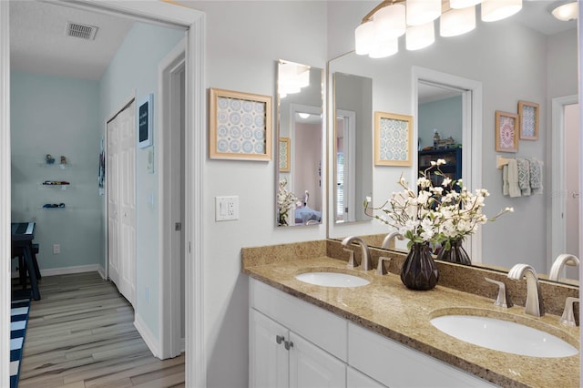 bathroom with vanity and wood-type flooring