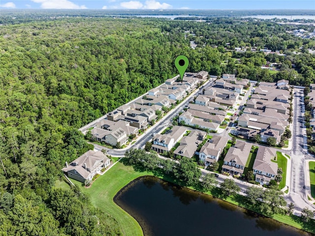 drone / aerial view featuring a water view