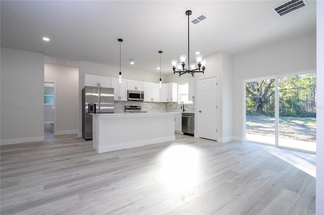 kitchen with white cabinetry, hanging light fixtures, stainless steel appliances, a center island, and light wood-type flooring