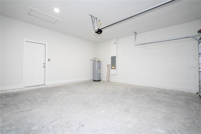 garage with a garage door opener, electric panel, and water heater