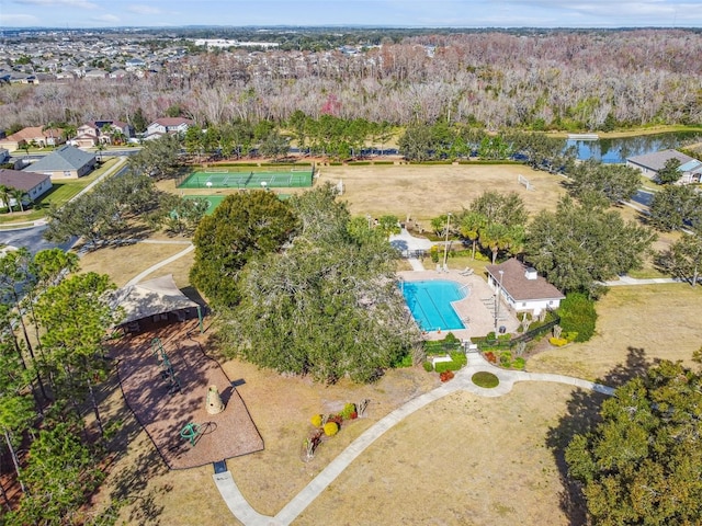 aerial view featuring a water view