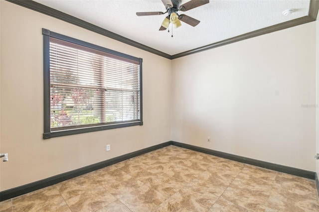 empty room with crown molding, ceiling fan, and a textured ceiling