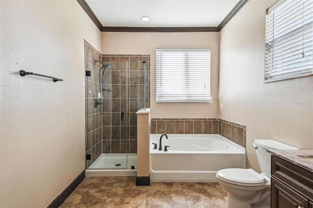 full bathroom with crown molding, separate shower and tub, vanity, and toilet