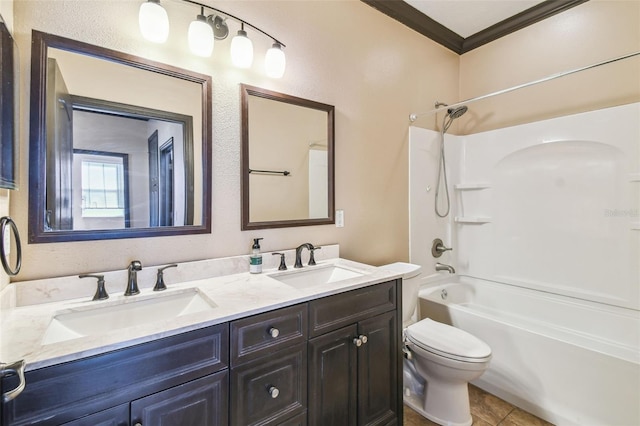 full bathroom with crown molding, tile patterned flooring, vanity, bathtub / shower combination, and toilet