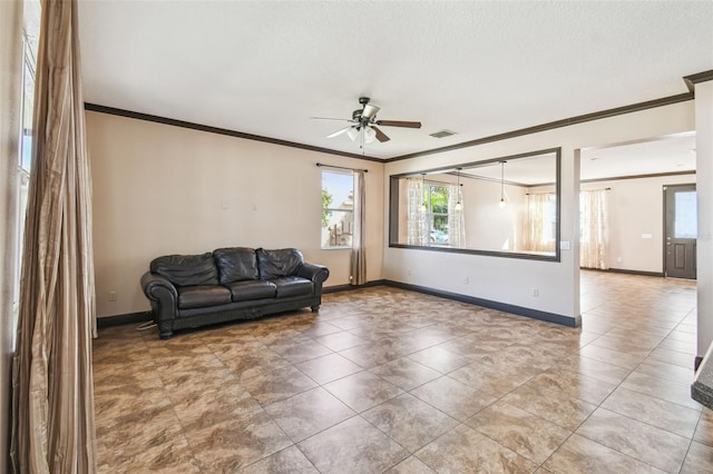 tiled living room featuring ornamental molding and ceiling fan