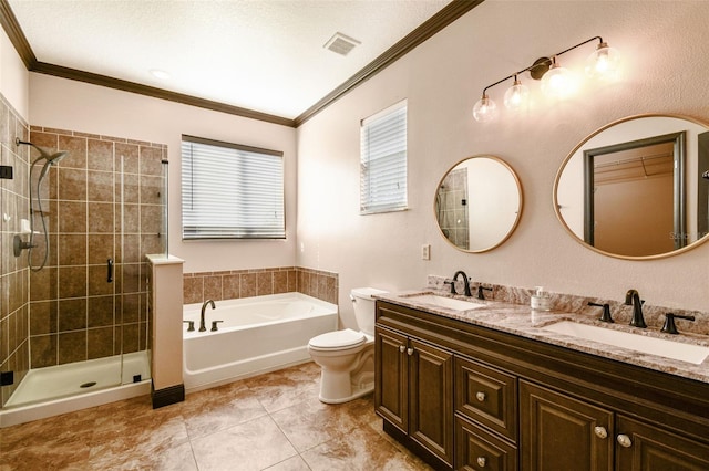 full bathroom featuring ornamental molding, shower with separate bathtub, vanity, and tile patterned floors