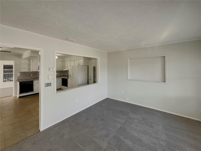 unfurnished living room with crown molding, a textured ceiling, and dark colored carpet