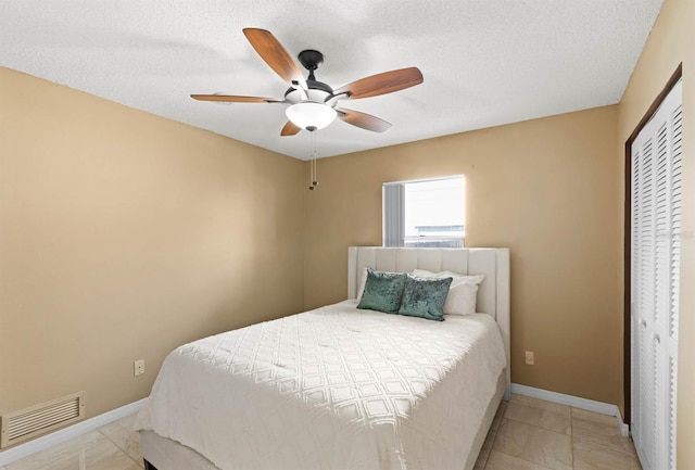 bedroom featuring a textured ceiling, ceiling fan, and a closet