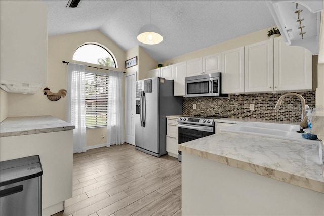 kitchen with stainless steel appliances, lofted ceiling, sink, and a wealth of natural light