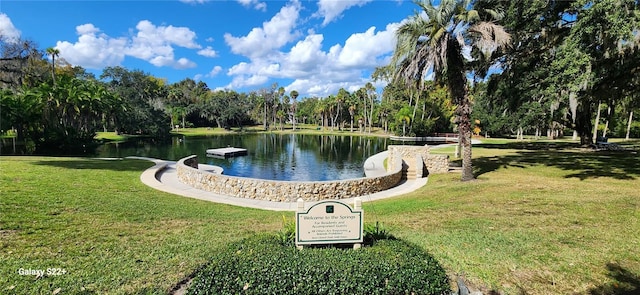 view of community with a yard and a water view