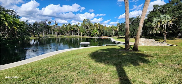 view of community featuring a water view and a yard